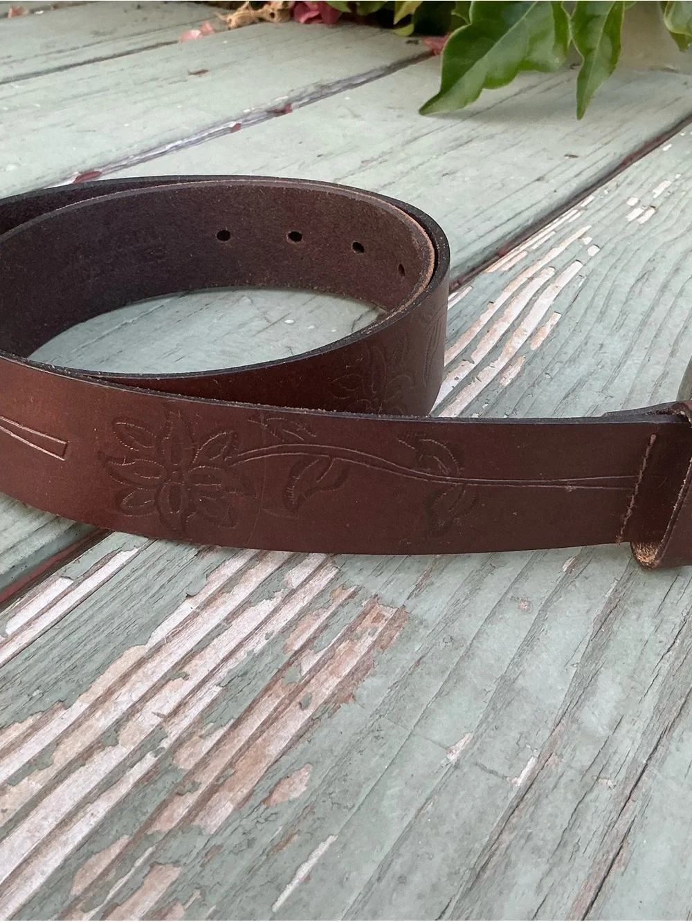Brown Embossed Leather Belt with Floral Design
